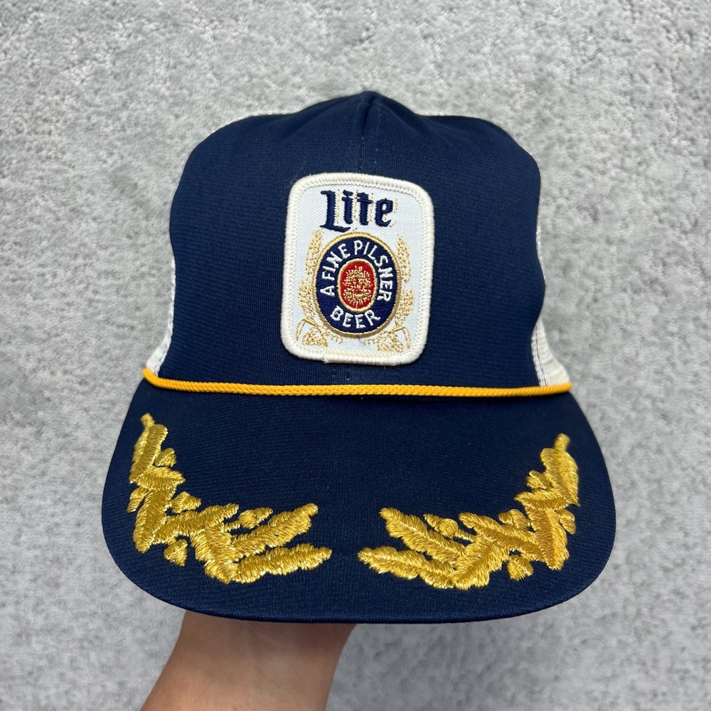 VINTAGE Lite Beer Rooe Hat Trucker Blue Scrambled Eggs Snapback Cap Snap Flaw
